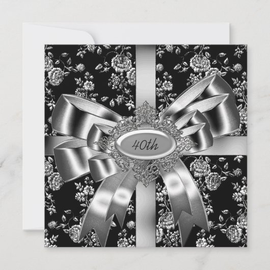 Damask Black White Jewel Silver Bow 40th Kaart (Voorkant)