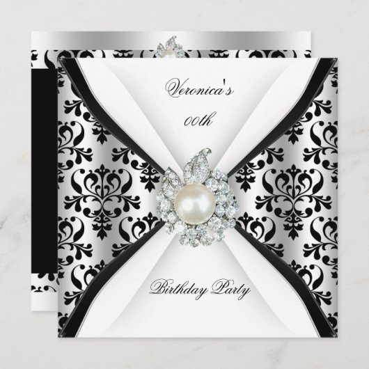 Damask Black White Pearl Diamond Birthday Party Kaart (Voorkant / Achterkant)