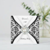 Damask Black White Pearl Diamond Birthday Party Kaart (Staand voorkant)
