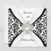 Damask Black White Pearl Diamond Birthday Party Kaart (Voorkant)