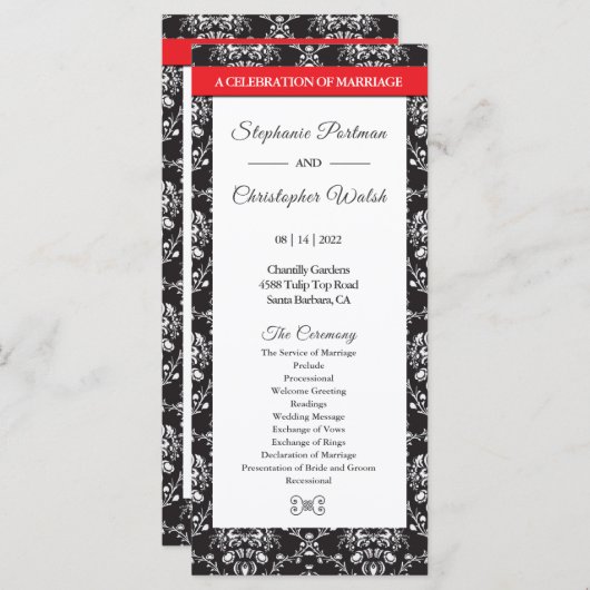 Damask Black White Red Stripe Wedding Program Programmakaart (Voorkant / Achterkant)