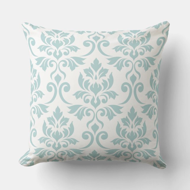 Damask blad groot patroon eendenei blauw op wit kussen (Voorkant)