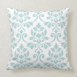 Damask blad groot patroon eendenei blauw op wit kussen