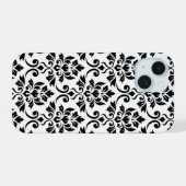 Damask blad groot patroon zwart op wit iPhone 15 case (Achterkant horizontaal)