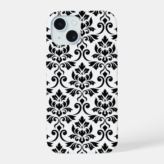 Damask blad groot patroon zwart op wit iPhone 15 case (Achterkant)