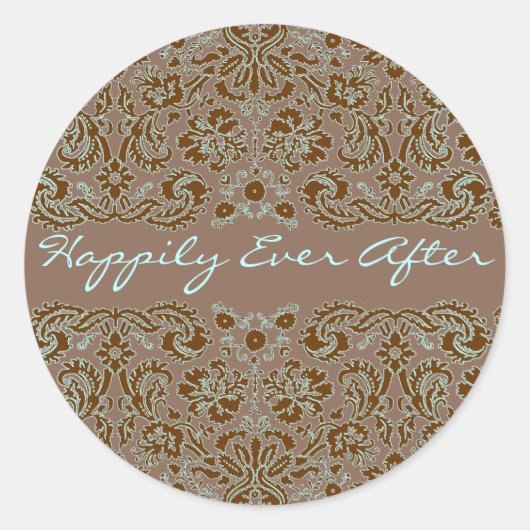 Damask Blauw en Bruin Trouwen Meer Bruin Ronde Sticker (Voorkant)