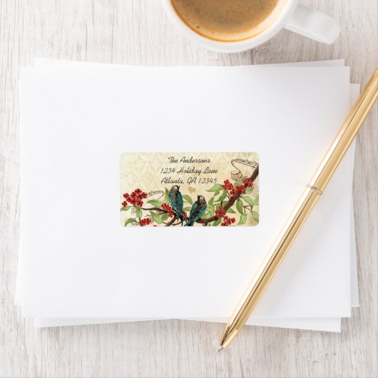  Damask Blauwgroen Bird Burgundy Flowering Branch Etiket (Insitu)