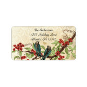  Damask Blauwgroen Bird Burgundy Flowering Branch Etiket (Voorkant)