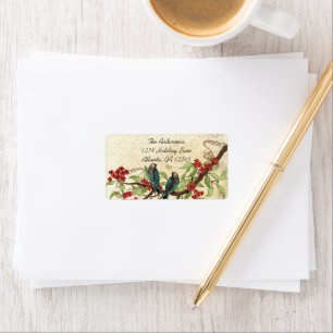 Damask Blauwgroen Bird Burgundy Flowering Branch Etiket