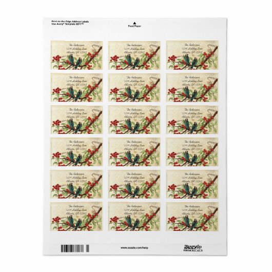  Damask Blauwgroen Bird Burgundy Flowering Branch Etiket (Full Sheet)