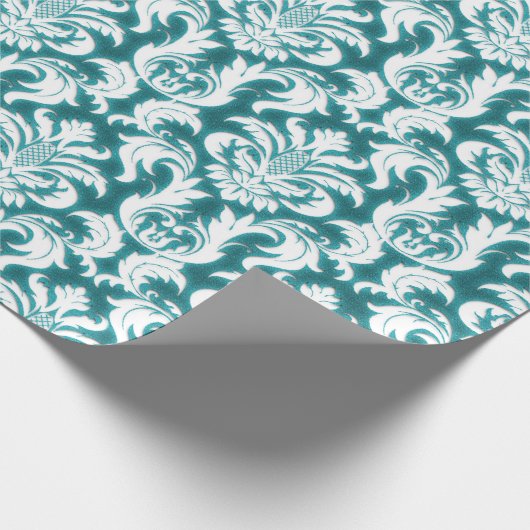 Damask Blauwgroen Blue Turquoise Ocean White Velve Cadeaupapier (Hoek)