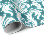 Damask Blauwgroen Blue Turquoise Ocean White Velve Cadeaupapier (Rol Hoek)