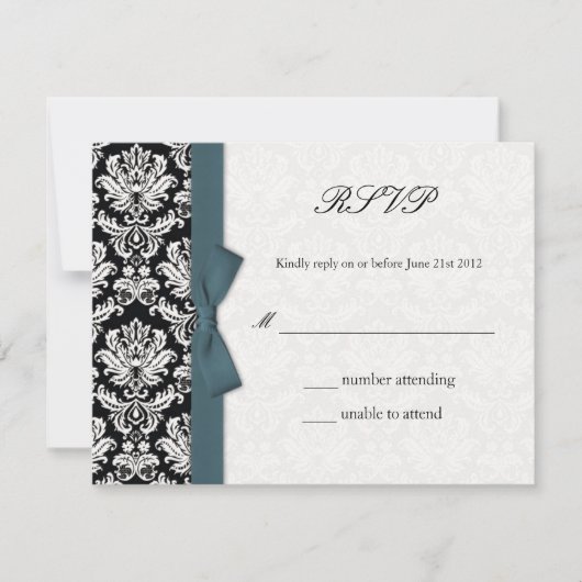 Damask Blauwgroen Bow Wedding RSVP Kaart (Voorkant)