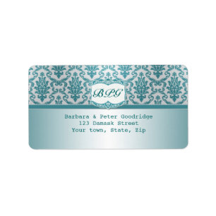 Damask blauwgroen monogram Terugkeeradresetiket Etiket