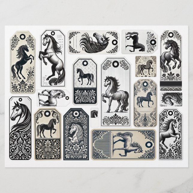 Damask bloeide Labels met paarden (Voorkant)