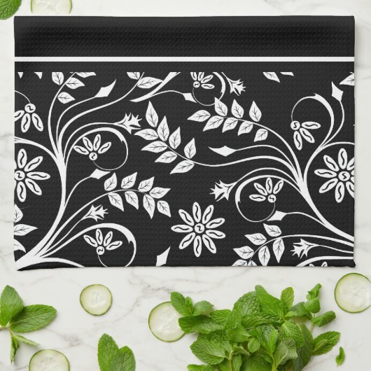 Damask Bloemen Keuken Handdoeken (2) Grijs Zwart W (Gevouwen)
