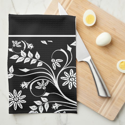 Damask Bloemen Keuken Handdoeken (2) Grijs Zwart W (Quarter Fold)