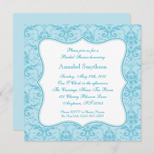 Damask Blue Elegance Uitnodiging (Voorkant / Achterkant)