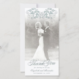 Damask Blue Floral Flourish Photo Wedding Bedankkaart