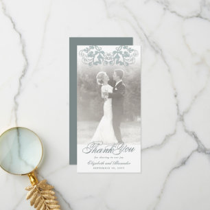  Damask Blue Floral Flourish Photo Wedding Bedankkaart