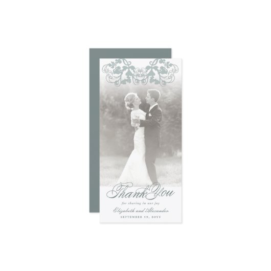 Damask Blue Floral Flourish Photo Wedding Bedankkaart (Voorkant / Achterkant in situ)