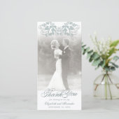 Damask Blue Floral Flourish Photo Wedding Bedankkaart (Staand voorkant)