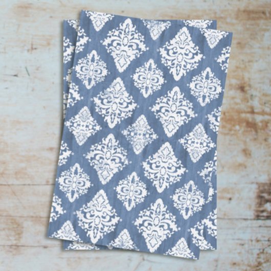 Damask Blue White Waterverf Rustic Wood Decoupage Tissuepapier