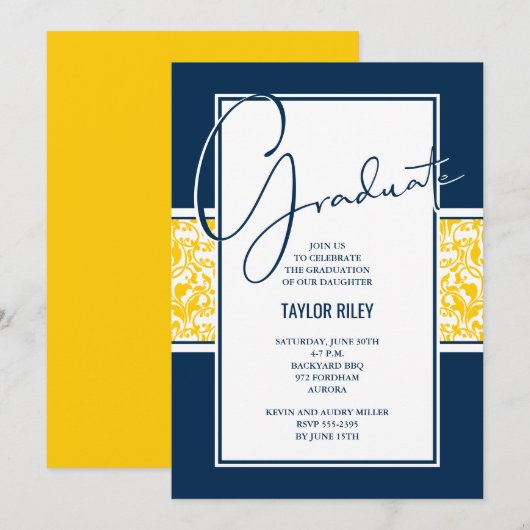 Damask Blue Yellow Graduparty Kaart (Voorkant / Achterkant)