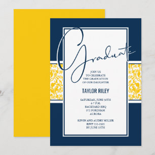 Damask Blue Yellow Graduparty Kaart