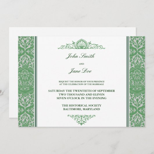Damask Border Invitation in Mint Kaart (Voorkant / Achterkant)