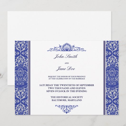 Damask Border Invitation in Royal Blue Kaart (Voorkant / Achterkant)