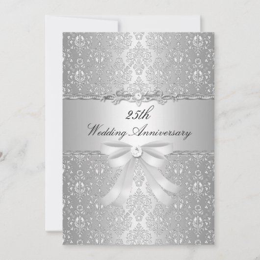 Damask Bow 25th Wedding Jubileum Invite Kaart (Voorkant)