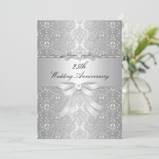 Damask Bow 25th Wedding Jubileum Invite Kaart (Staand voorkant)