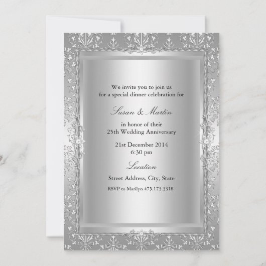 Damask Bow 25th Wedding Jubileum Invite Kaart (Achterkant)