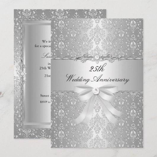 Damask Bow 25th Wedding Jubileum Invite Kaart (Voorkant / Achterkant)