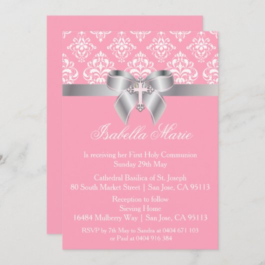 Damask Bow Eerste Communie Uitnodigingen (Voorkant / Achterkant)