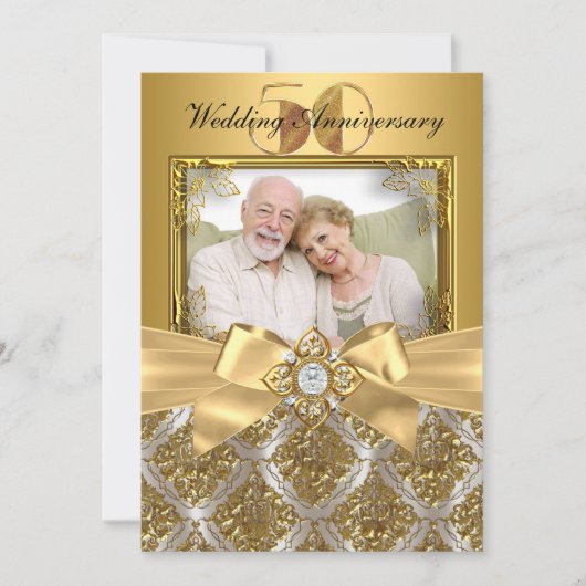 Damask & Bow Photo Gold 50e Jubileum Invite Kaart (Voorkant)