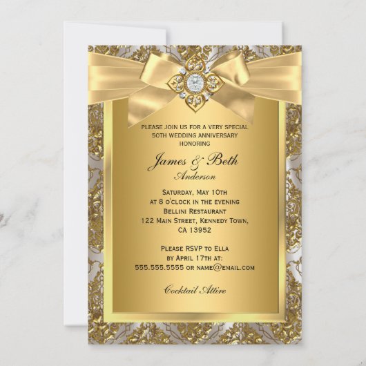 Damask & Bow Photo Gold 50e Jubileum Invite Kaart (Achterkant)