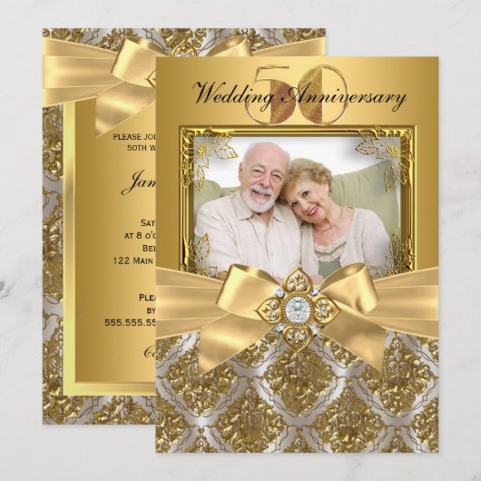 Damask & Bow Photo Gold 50e Jubileum Invite Kaart (Voorkant / Achterkant)