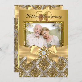 Damask & Bow Photo Gold 50e Jubileum Invite Kaart