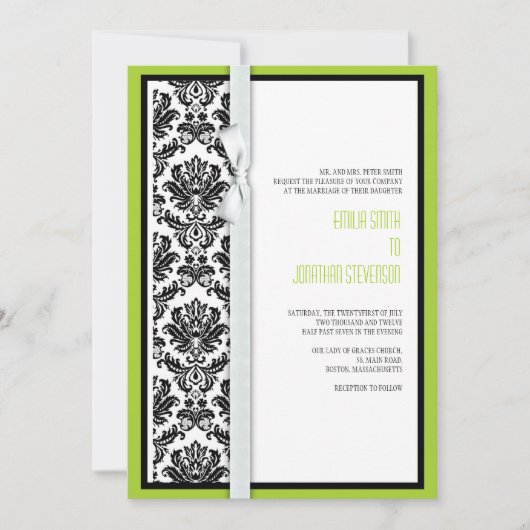 Damask Bow Wedding Invitation met Green Kaart (Voorkant)