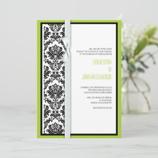 Damask Bow Wedding Invitation met Green Kaart (Staand voorkant)