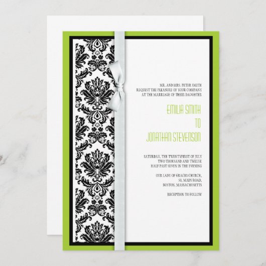 Damask Bow Wedding Invitation met Green Kaart (Voorkant / Achterkant)