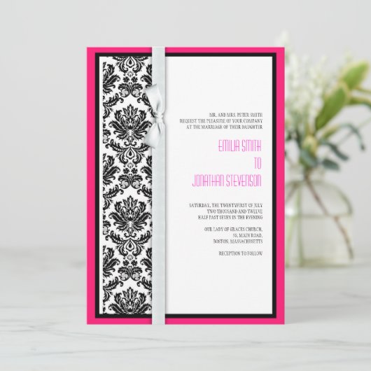 Damask Bow Wedding Invitation with Hot Pink Kaart (Staand voorkant)