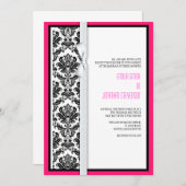 Damask Bow Wedding Invitation with Hot Pink Kaart (Voorkant / Achterkant)