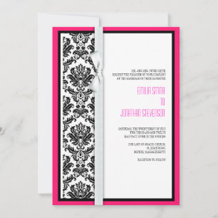 Damask Bow Wedding Invitation with Hot Pink Kaart