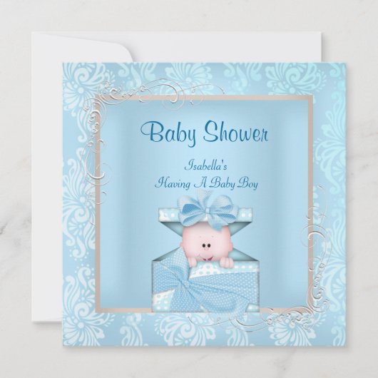 Damask Boy Baby shower Blue White Floral Kaart (Voorkant)