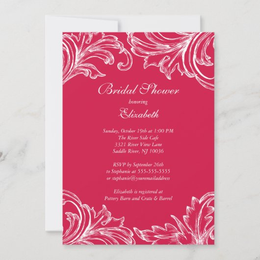  Damask Bridal Shower Invitation Berry Pink Kaart (Voorkant)