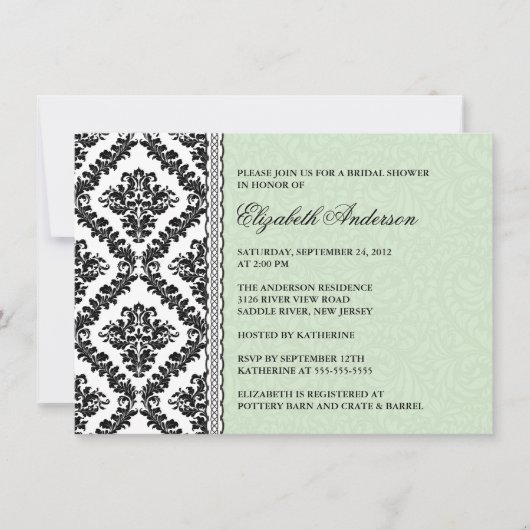 Damask Bridal Shower Invitation Black & Green Kaart (Voorkant)