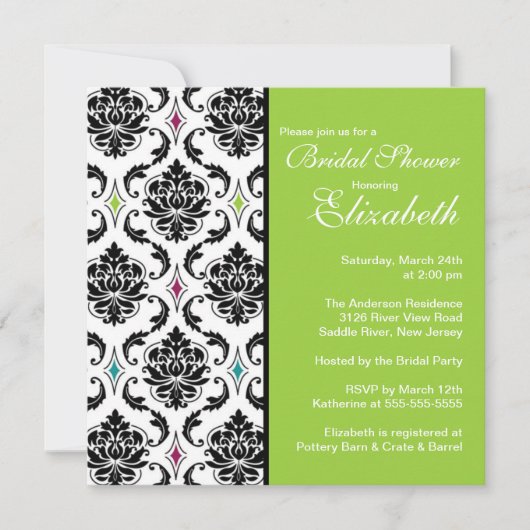 Damask Bridal Shower Invitation Black & Lime Green Kaart (Voorkant)